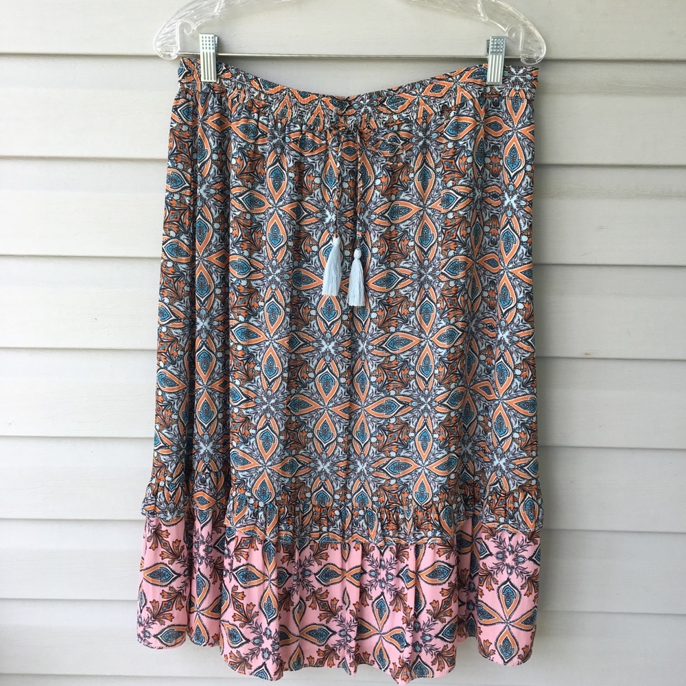 LOFT Boho ikat print midi ruffle skirt